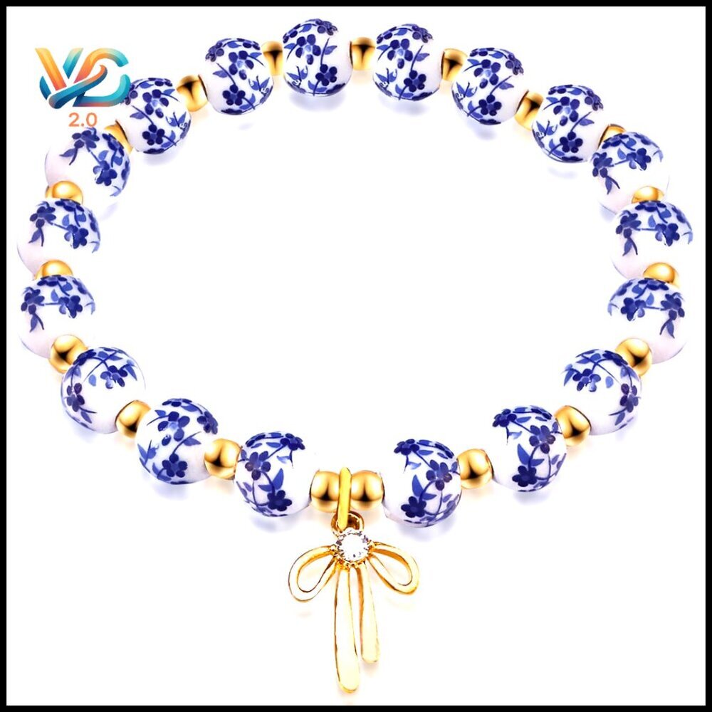 Vintage Floral Stretch Bracelet Handmade Dainty Gold Bow Charm Romantic Gift‎